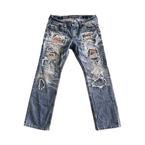 Affliction Ace Straight Jeans Mens 34 Short Light Wash Distressed Patched Good